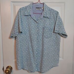 Vintage Speculation Sport Blue Ditsy Floral Button Up Short Sleeve Shirt Size L